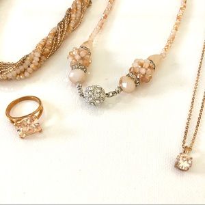 3 Necklaces Long Ring Peach Stones Beaded Gold